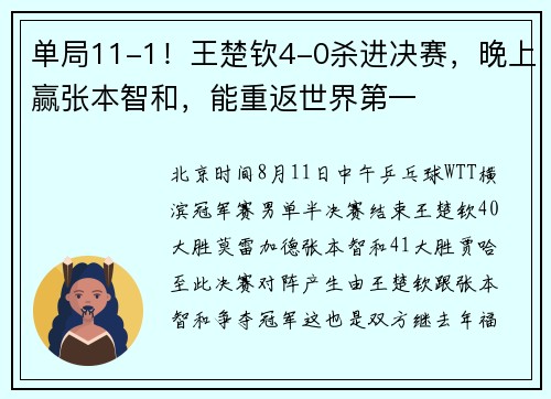 单局11-1！王楚钦4-0杀进决赛，晚上赢张本智和，能重返世界第一